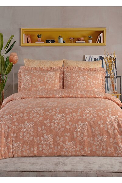 Uçkan home 100% Cotton Caramel Flora Ruffled Double Duvet Cover Set