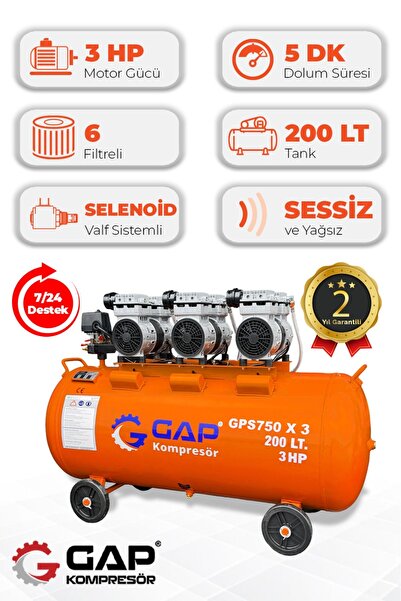 GAP KOMPRESÖR Hava Kompresörü Sessiz Ve Yağsız 200lt Gps750x3/200