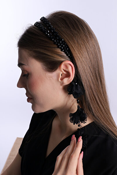 ByLohusa Λευκό μαργαριτάρι κορώνα μητρότητας με μαύρα κρεμαστά σκουλαρίκια 1012