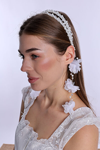 ByLohusa تاج الأمومة من اللؤلؤ الأبيض مع أقراط متدلية بيضاء 1012