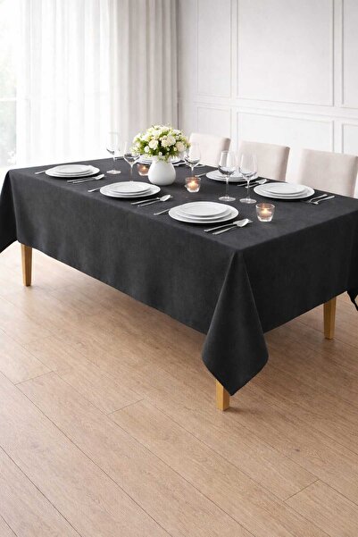 PerdeYap1980 Velvet Textured Dark Gray Color Tablecloth
