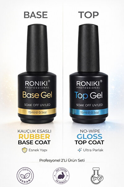 RONIKI Professional Base + Top Gel Set 15 ml | Kauçuk Esaslı Base & No-Wipe G...