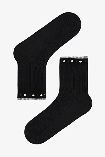 Penti Pamuklu Bilek Kısmı İnci Detaylı ve Tül Fırfırlı Soket Çorap