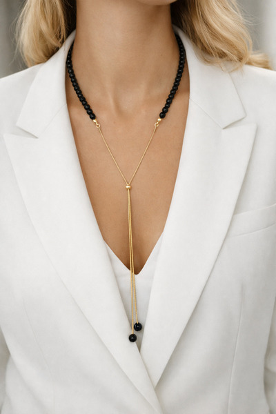 MITH SB TAKI Special Design Onyx Natural Stone & Stainless Steel'Y' Necklace ...