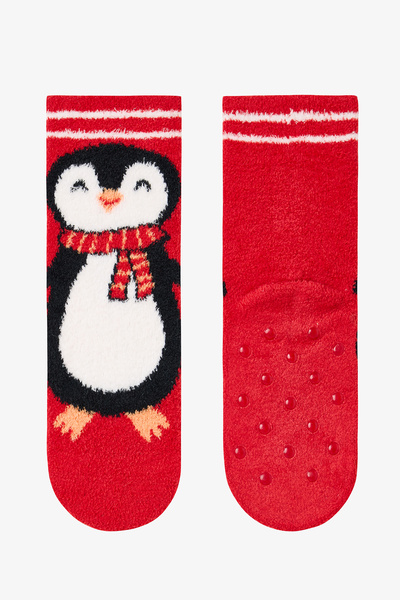 Penti Kırmızı Erkek Çocuk Penguen Nakışlı Kaymaz Tabanlı Ev Patiği