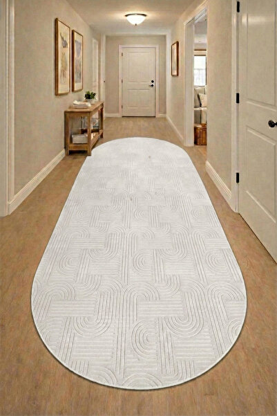 Raschel Carpet Bohem Oval Krem Emboss Premium Seri Yeni Nesil Kaymaz Taban Je...