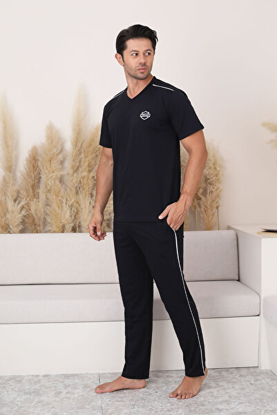ALİMER Set pijamale pentru bărbați - negru broderie cu armă cu decolteu în V ...
