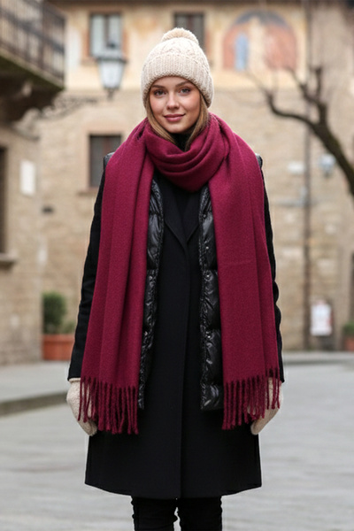 REMSA Claret Red Tasseled Boucle Shawl - 40X210 Cm, Model 1257