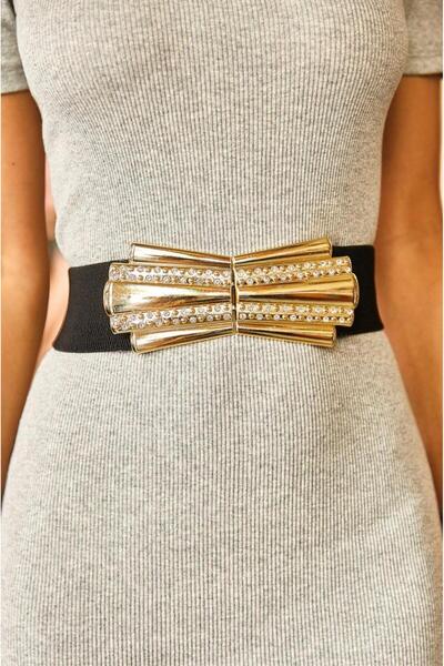 MODAM HİFA Gold Buckle Elastic Belt Women's Belt Dress Belt Shirt Belt Coat Belt