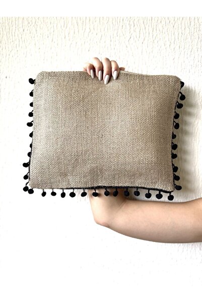 Lidi Hasır Astarlı Portföy/ Clutch Çanta El Çantası- Ponponlu , Makyaj Çantası