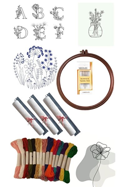 İDİL Modern Kanaviçe Nakış Seti- Harf Işleme Floral Desen