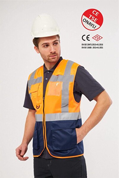 WORKERWEST Worker West Turuncu Lacivert Hi-Vis Reflektörlü Mühendis İkaz Yeleği