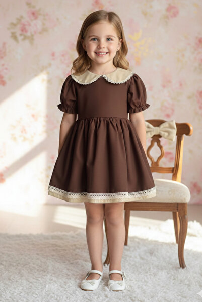 Bertuğ Bebek فستان عيد ميلاد بناتي بتفاصيل دانتيل وياقة أطفال باللون البني ال...
