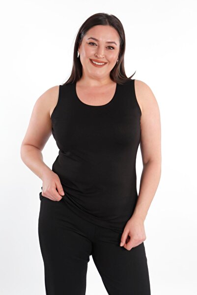 SERTUĞ Великий розмір Широкі бретелі Базова відкрита чорна блузка (футболка)