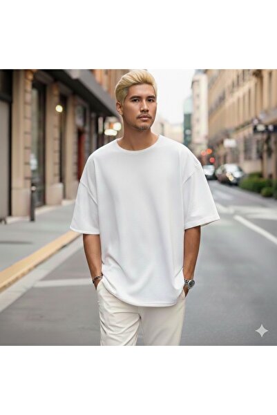 LADY HAZAL White Crew Neck Oversize Men's T-Shirt Large Size Compact Combed C...