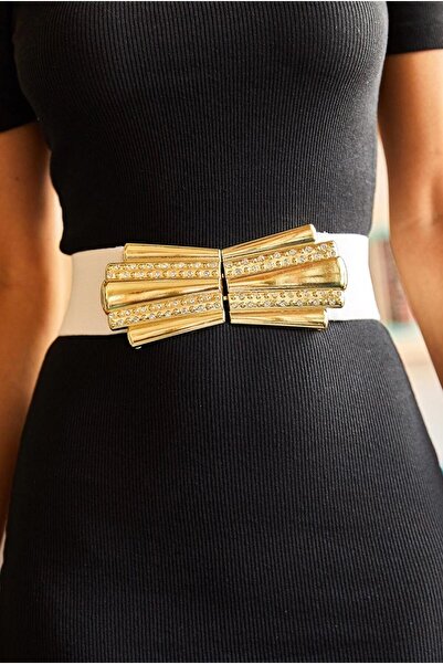 MODAM HİFA Gold Buckle Elastic Belt Women's Belt Dress Belt Shirt Belt Coat Belt