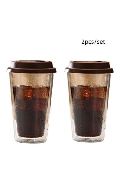 Choice كوبان زجاجيان مزدوجا الجدار بلون القهوة، سعة 350 مل، مع أغطية سيليكون،...