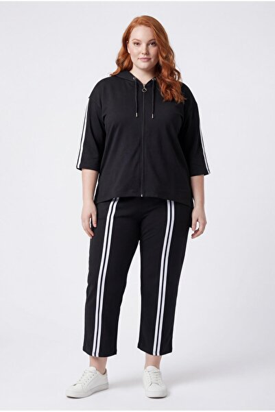 Ebsumu Women's Plus Size Double Striped Three Quarter Sleeve Black Tracksuit Set
