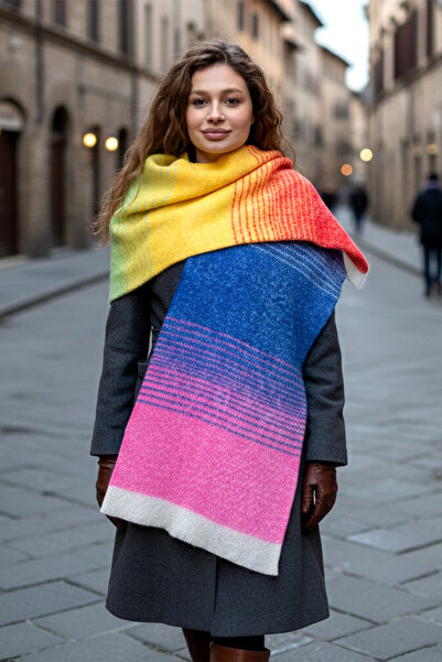 REMSA 1288 Model Roz Multicolor Boucle Tippet Şal - 67x197 cm