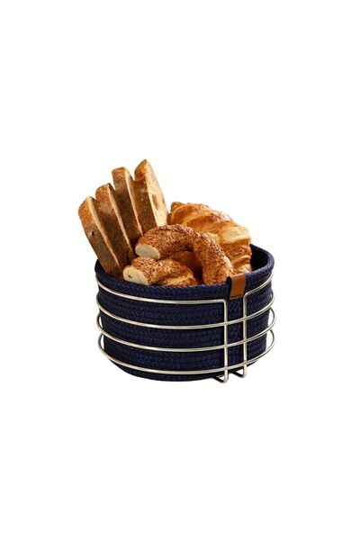 Edora Home Stylish Round Bread Basket - Navy Blue Wicker Knitted, Macrame Sta...