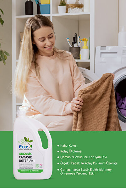 Ecos3 Organik Çamaşır Deterjanı, Vegan Sertifikalı, Ekolojik, Extra Konsantre, 72 Yıkama, 2.5 Lt