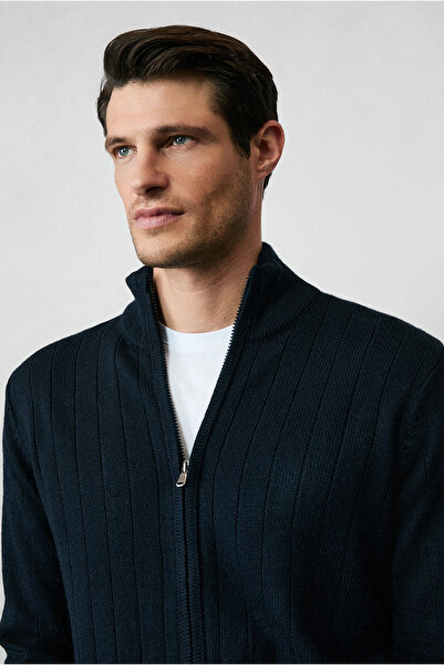 Kiğılı Mock Neck Zippered Regular Fit Striped Knitwear Cardigan