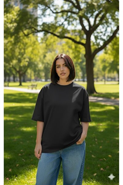 LADY HAZAL Black Crew Neck Oversize Tshirt Large Size Compact Combed Cotton R...