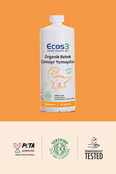 Ecos3 Organik Bebek Çamaşır Yumuşatıcı, Vegan Sertifikalı, Ekolojik, Extra Konsantre, 40 Yıkama, 1000 ml
