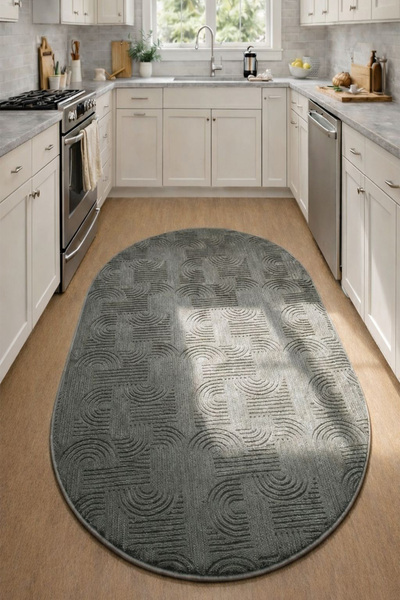 Raschel Carpet Yıkanabilir Oval Elips Leke Tutmaz Emboss Bohem Koyu Gri Mutfa...