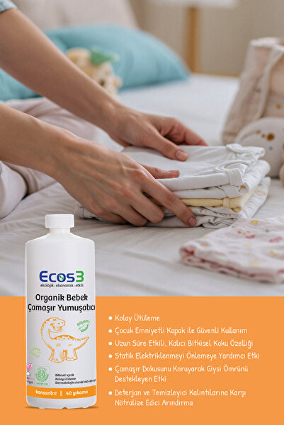 Ecos3 Organik Bebek Çamaşır Yumuşatıcı, Vegan Sertifikalı, Ekolojik, Extra Konsantre, 40 Yıkama, 1000 ml