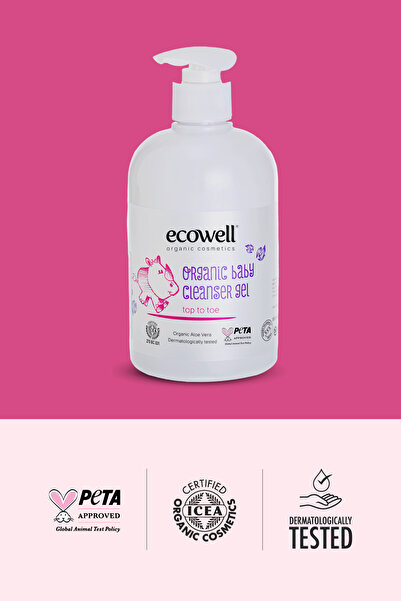 Ecowell Organik Bebek Ve Çocuk Temizleme Jeli, Vegan Sertifikalı, Şampuan, Duş Jeli Sabun Parabensiz 500ml