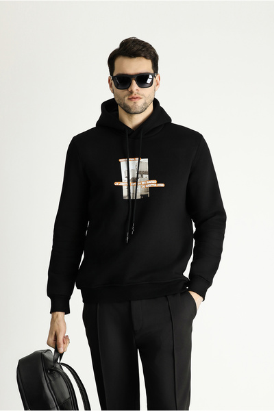 Kiğılı Kapüşonlu İçi Polarlı Baskılı Pamuklu Sweatshirt