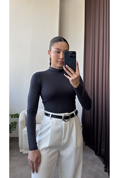 YOUR NAME Γυναικεία μακριά μπλούζα ανθρακί με μισό ζιβάγκο με μακριά μανίκια