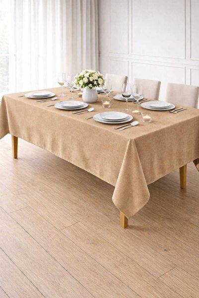 PerdeYap1980 مفرش طاولة مخملي مزخرف باللون البيج