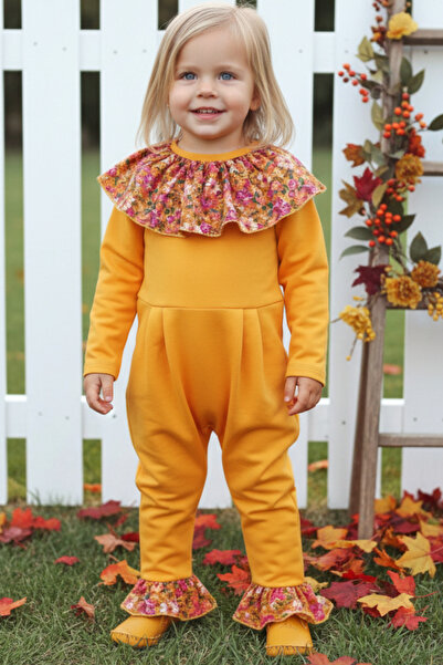 Parla Kids Baby Girl Lotus Mustard Floral Long Sleeve Snap Collar Jumpsuit