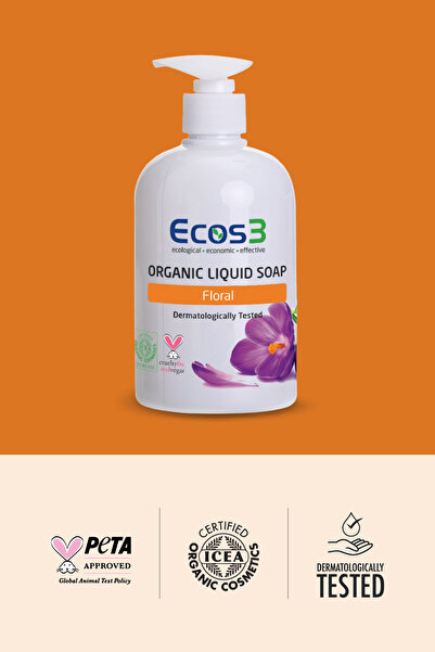 Ecos3 Organik Sıvı Sabun, Vegan Sertifikalı, Hassas Cilt, Ekolojik, Hipoalerjenik, Floral, 500 ml