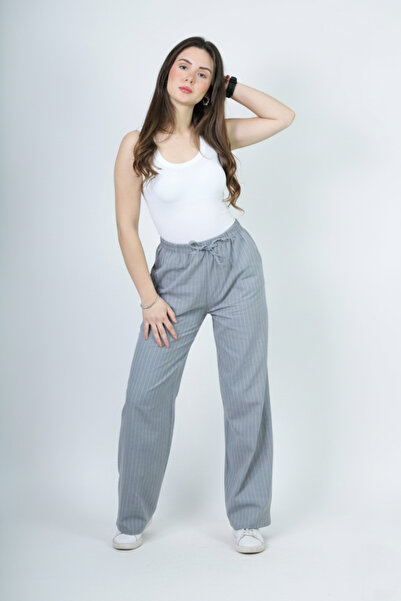 FV Pantaloni largi de damă cu dungi de in cu buzunare