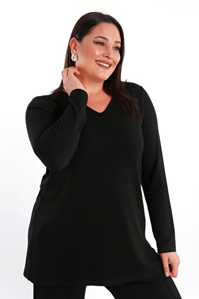 Metpoint Trend42plus Плюс Размер с V-образно деколте, базова черна блуза