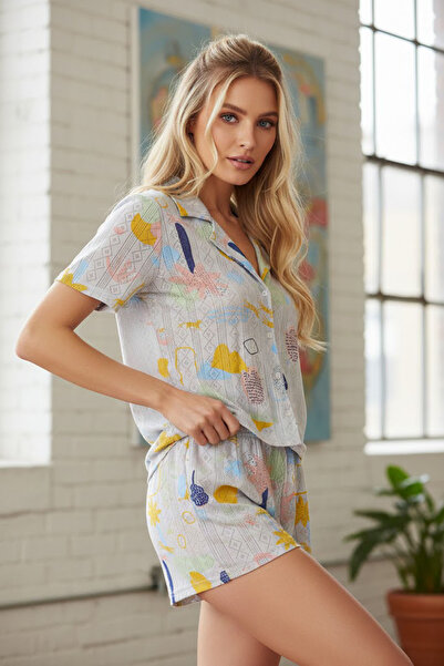 Siyah İnci Σετ σορτς με κουμπιά με γκρι μοτίβο Pointel διάτρητο/διάτρητο πουκ...