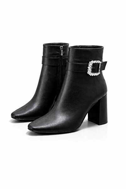 NiceDiffer Women's black zippered buckled thick heeled boots