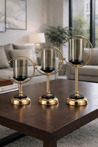 MİS KİTCHEN Modern Altın Hilal Üçlü Şamdan Seti Cam Dekoratif Mumluk Takımı (...