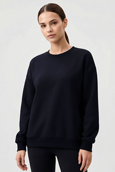 TOMMY LIFE Navy Blue Basic O Neck Oversized Women's Sweatshirt - 97053