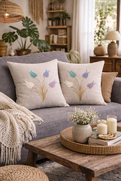 Decomia Home Бродиран комплект от 2 калъфки за възглавници с апликация от лал...