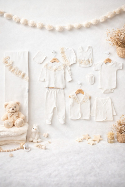 moukou KIZ BEBEK FRANSIZ DANTELLİ FİSTOLU 10'LU YENİDOĞAN HASTANE ÇIKIŞI SETİ...