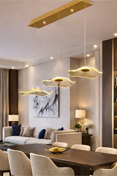 Fico Home Luxury Exclusive Üçlü Sıralı Sarkıt Led Avize Jellyfish Gold Sarı L...