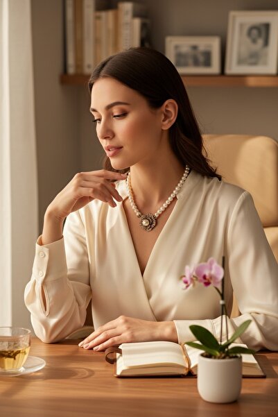 FAYRA ACCESSORIES Kristal Taş İşlemeli Çiçek Figür İnci Kolye