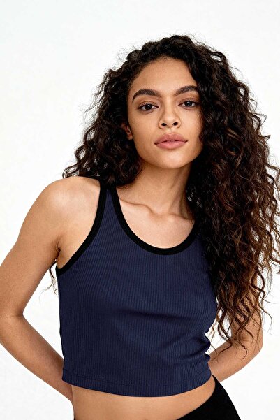 TOMMY LIFE Indigo Basic Zero Sleeve Skinny Fit U Collar Women's Crop Top Unde...