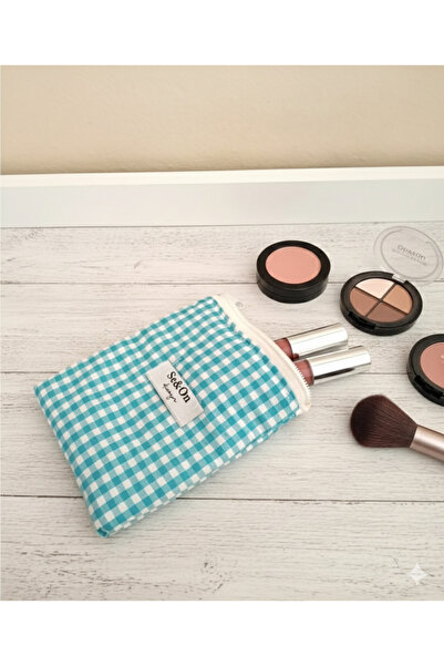 Se&On dizayn Turkuaz kare desenli beyaz fermuarlı astarlı kucuk cüzdan mini m...