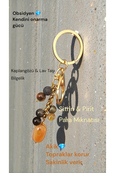 arzela Doğal Taş BEREKET ANAHTARLIĞI ( AKİK 20-18mm, SİTRİN PIRIT OBSIDYEN KA...