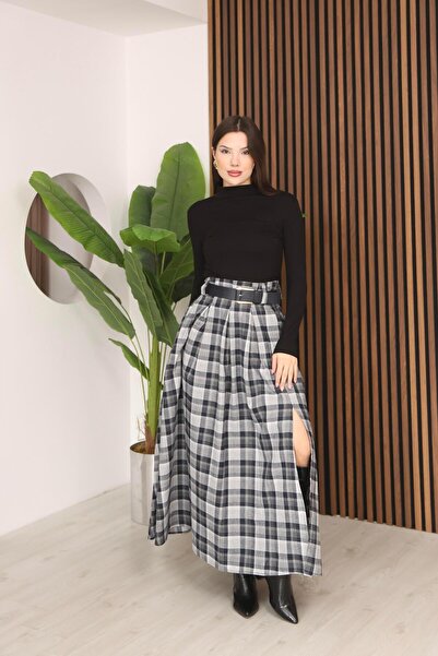 İgnites Gri Pilikaşe Yandan Yırtmaçlı Kemerli Ekose Etek-İGNİTES-00052